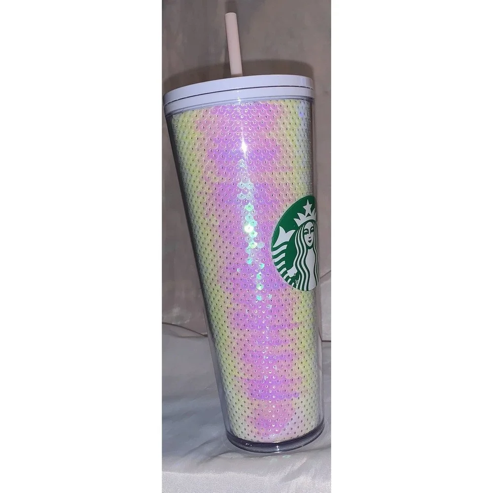 Starbucks 2020 Holiday Exclusive White Pink Sequins Shift 24 oz Cold Cup Tumbler